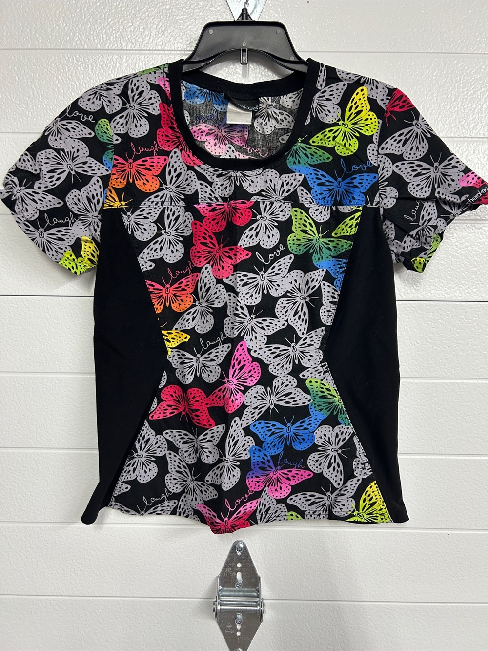 Cherokee Black Scrub Top with Neon Butterfly Print